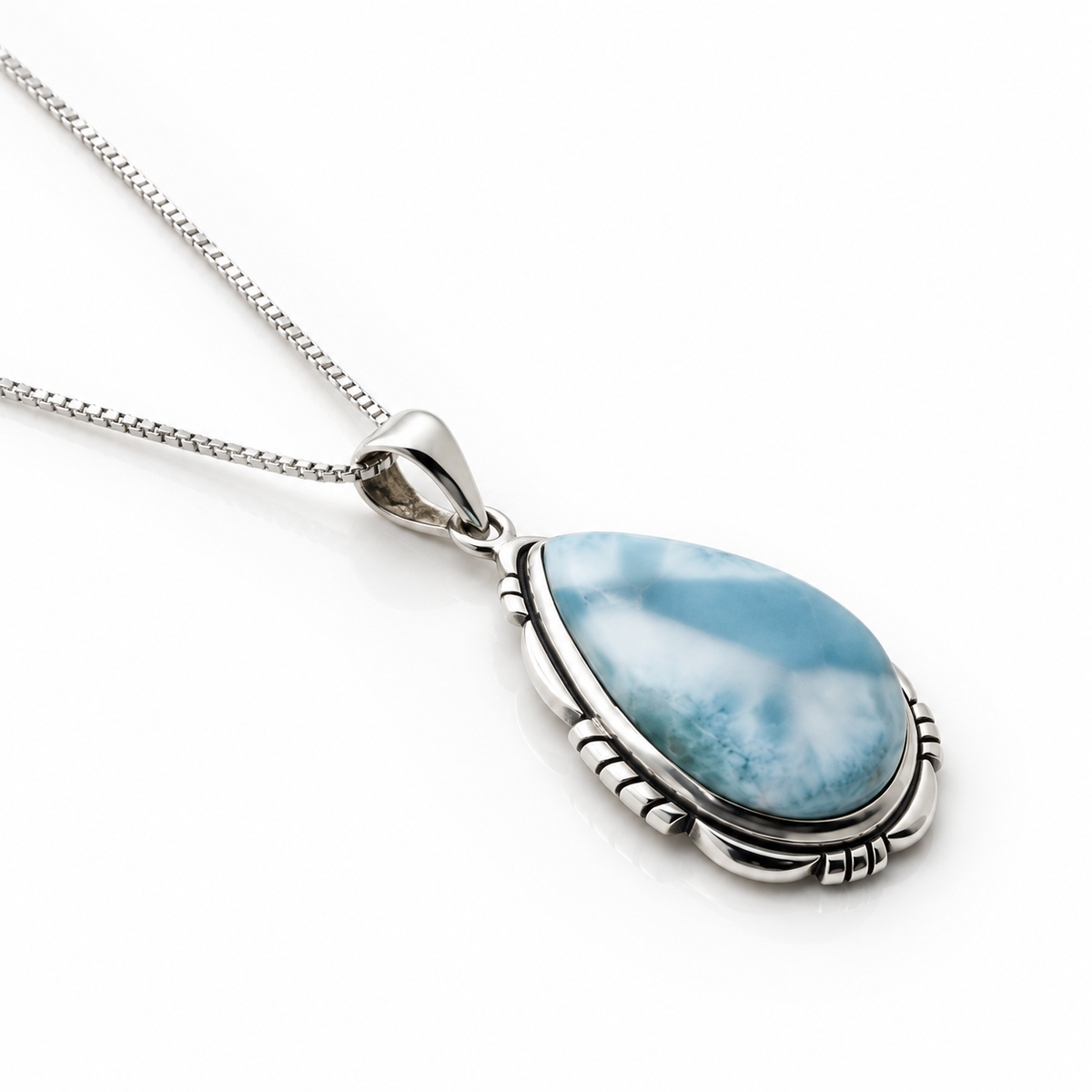Teardrop Larimar necklace in ornate oxidized sterling silver, angled view