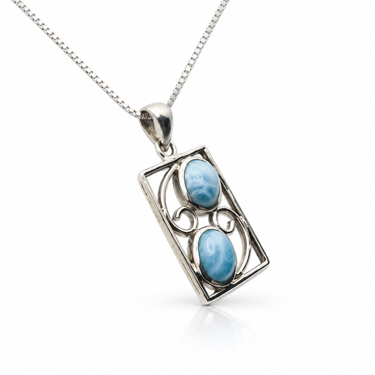 Two-stone rectangular Larimar necklace in sterling silver, angled upright view