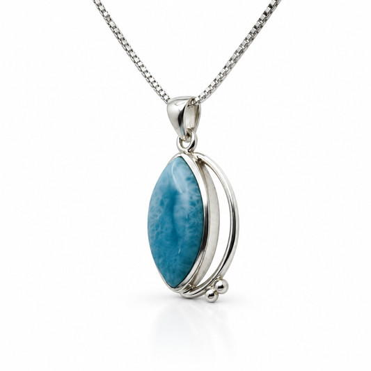 Marquise Larimar necklace with asymmetrical sterling silver sweep, side profile