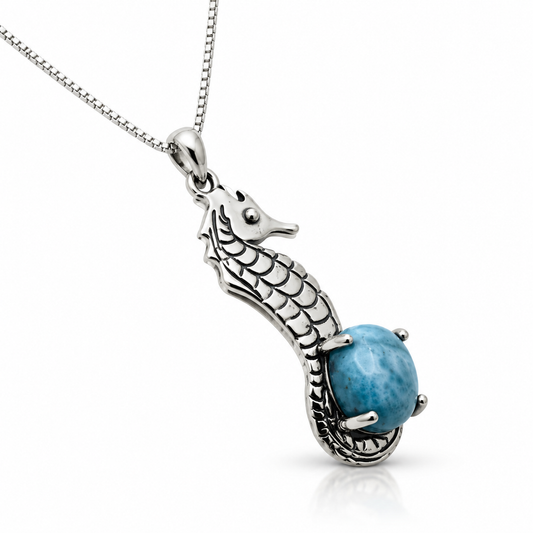 Larimar and oxidized sterling silver seahorse necklace, angled view