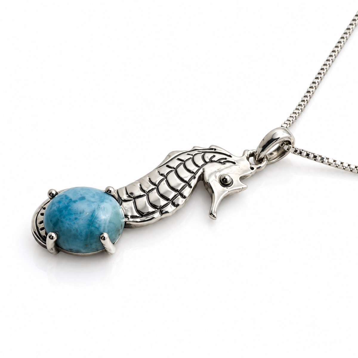 Larimar and oxidized sterling silver seahorse necklace, side profile