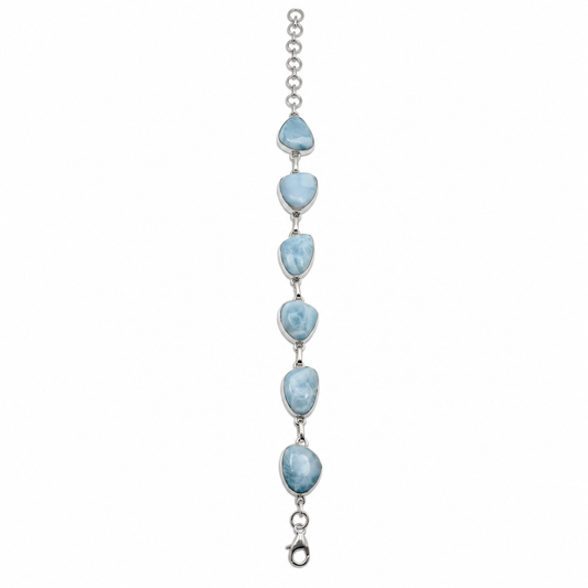Six-stone Larimar sterling silver link bracelet, straight view with circular extender and lobster clasp on white.