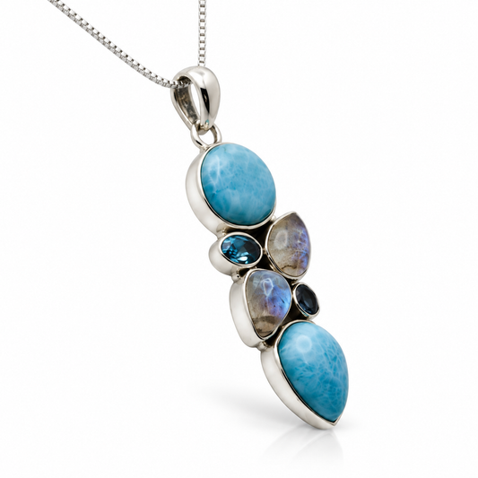 Larimar and iridescent gemstone sterling silver necklace, upright angle view