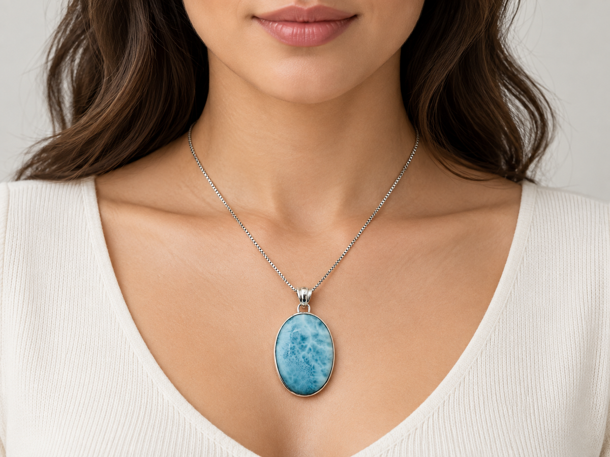Large oval Larimar necklace on model
