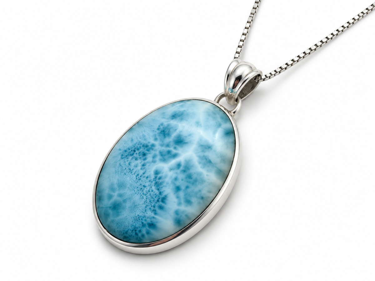 Large oval Larimar necklace right angled view on white