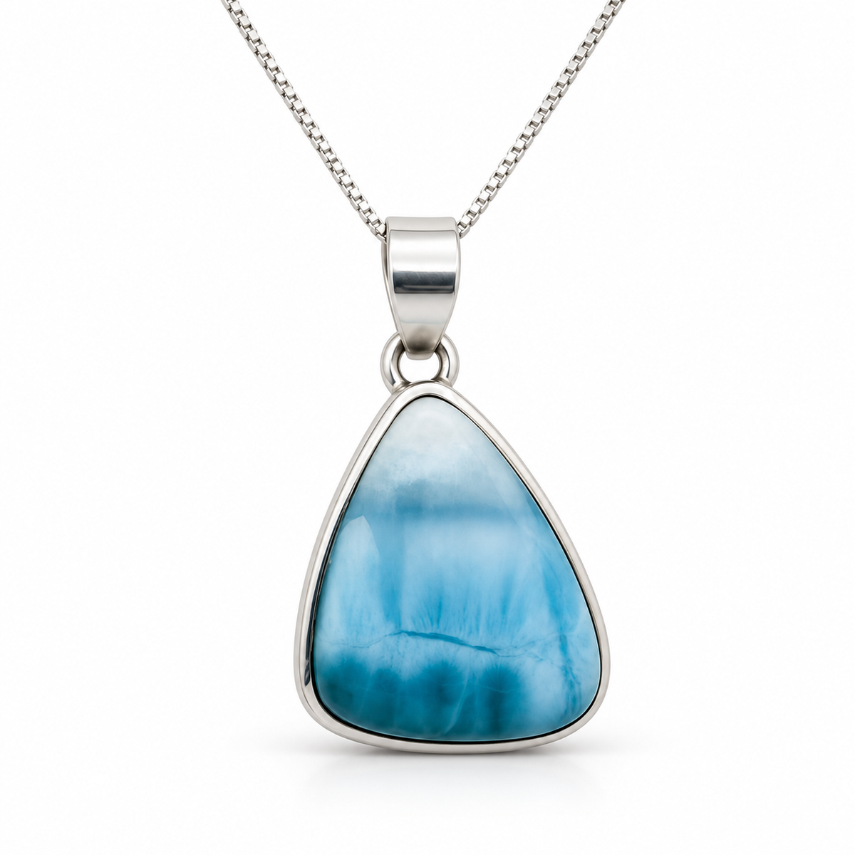 Deep aqua teardrop Larimar necklace in sterling silver, front view on glossy white