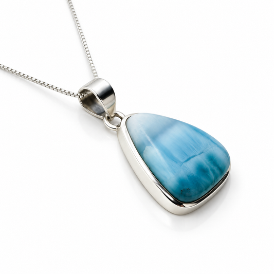 Deep aqua teardrop Larimar necklace in sterling silver, side-profile view on glossy white