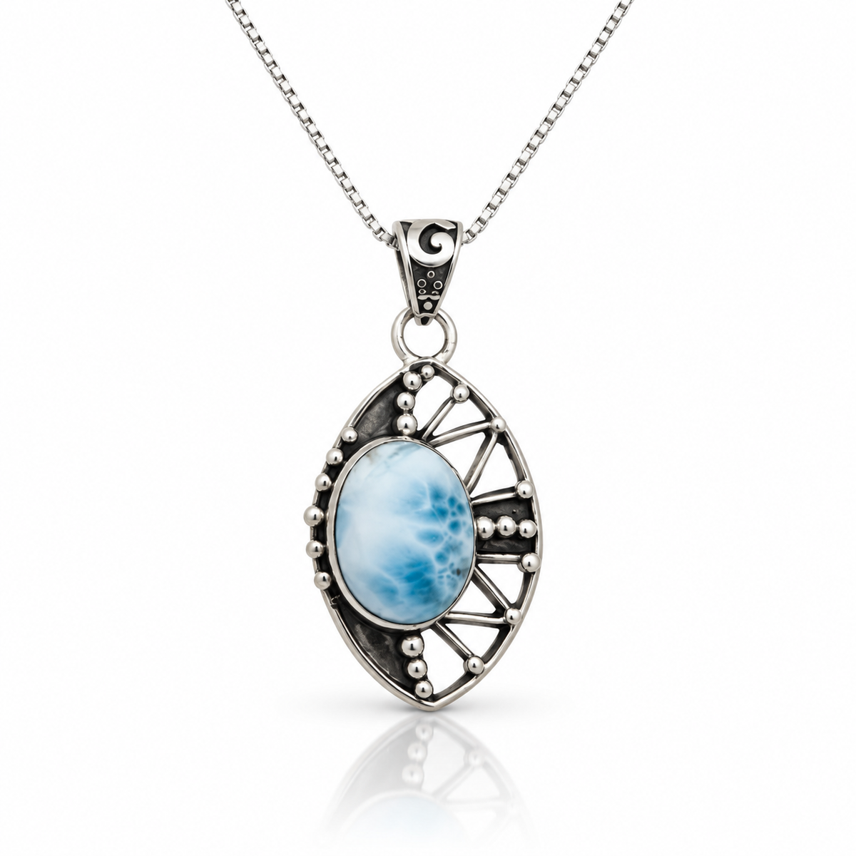 Oval Larimar necklace in an eye-shaped oxidized sterling silver filigree frame, front view