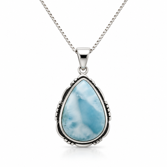 Teardrop Larimar necklace in ornate oxidized sterling silver, primary front view