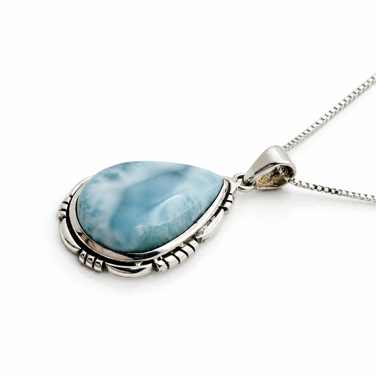 Teardrop Larimar necklace in ornate oxidized sterling silver, side profile view