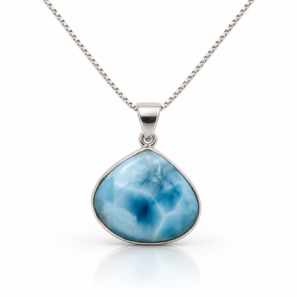 Larimar Blue Nebula necklace, front view on glossy white