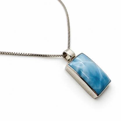 Larimar Blue Passage necklace angled view showing the rectangular stone and sterling silver bezel
