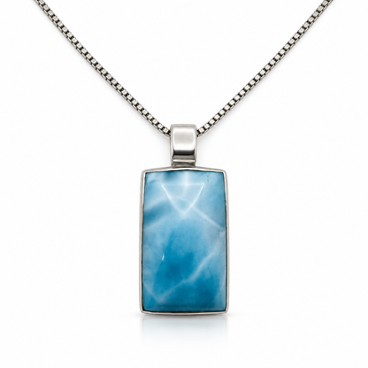 Larimar Blue Passage rectangular necklace front view in sterling silver