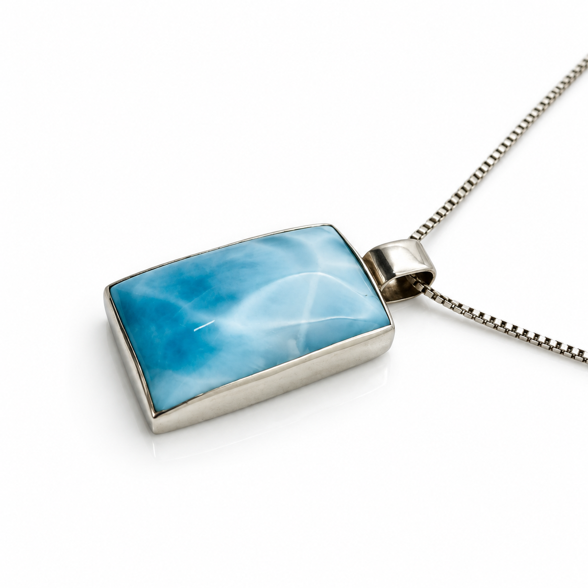 Larimar Blue Passage necklace side profile showing the bezel depth and wide bail