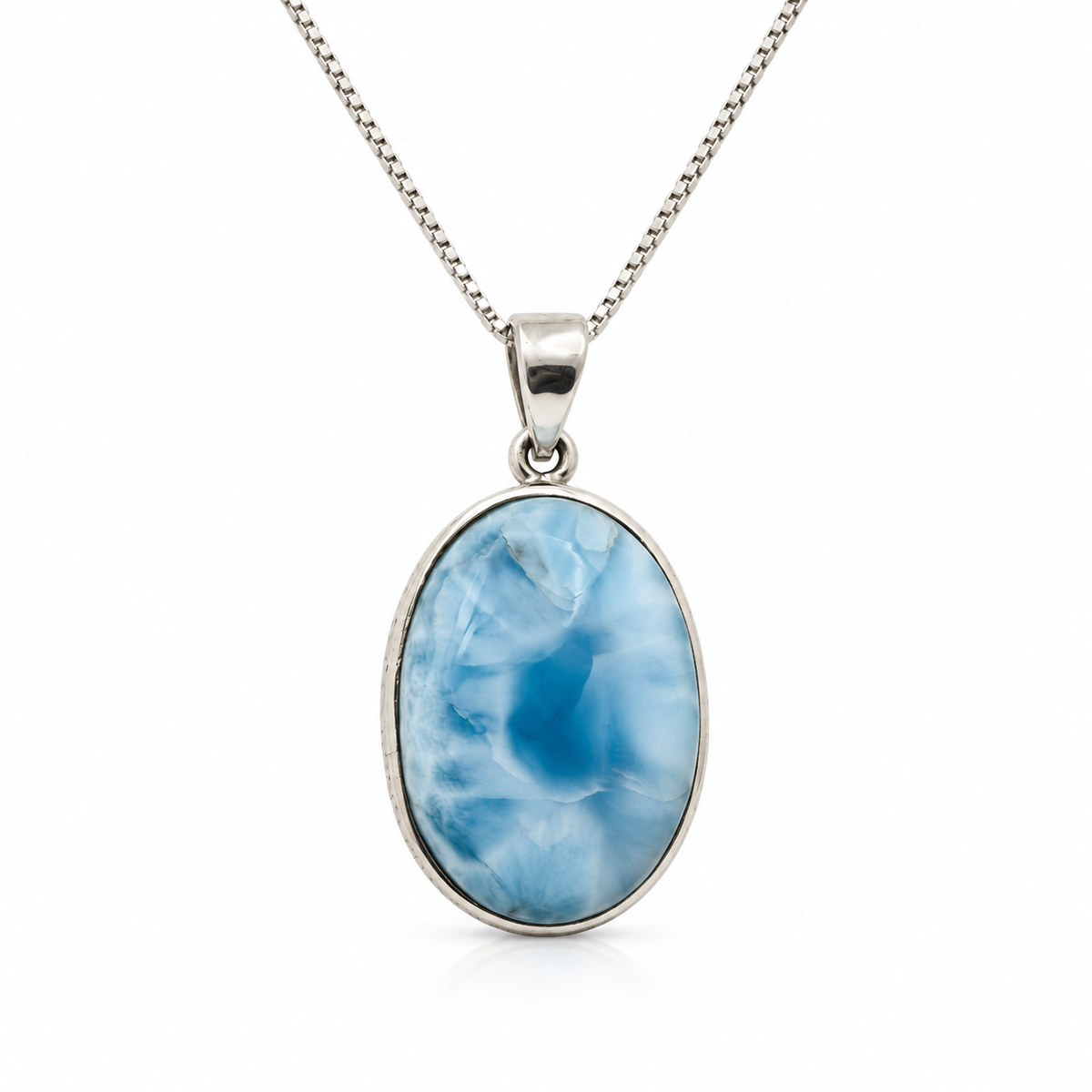 Larimar Blue Reverie oval necklace front view in sterling silver