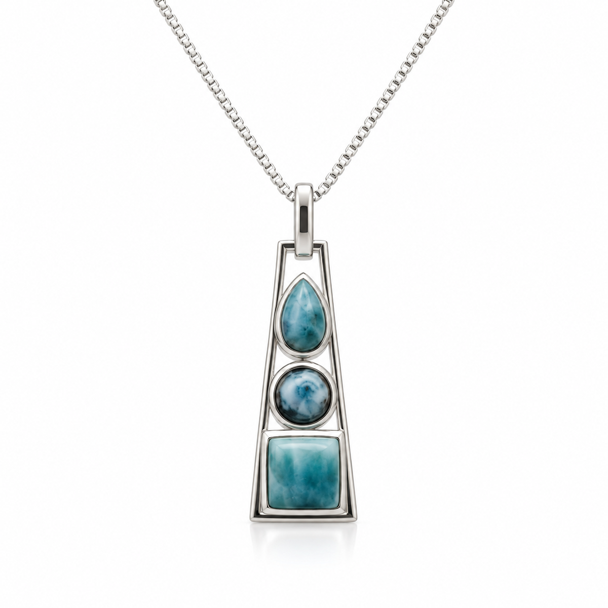 Three-stone Larimar necklace with teardrop, round and square stones in sterling silver, front view