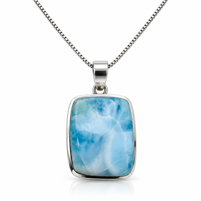 Rectangular Larimar necklace in sterling silver, primary front view on glossy white