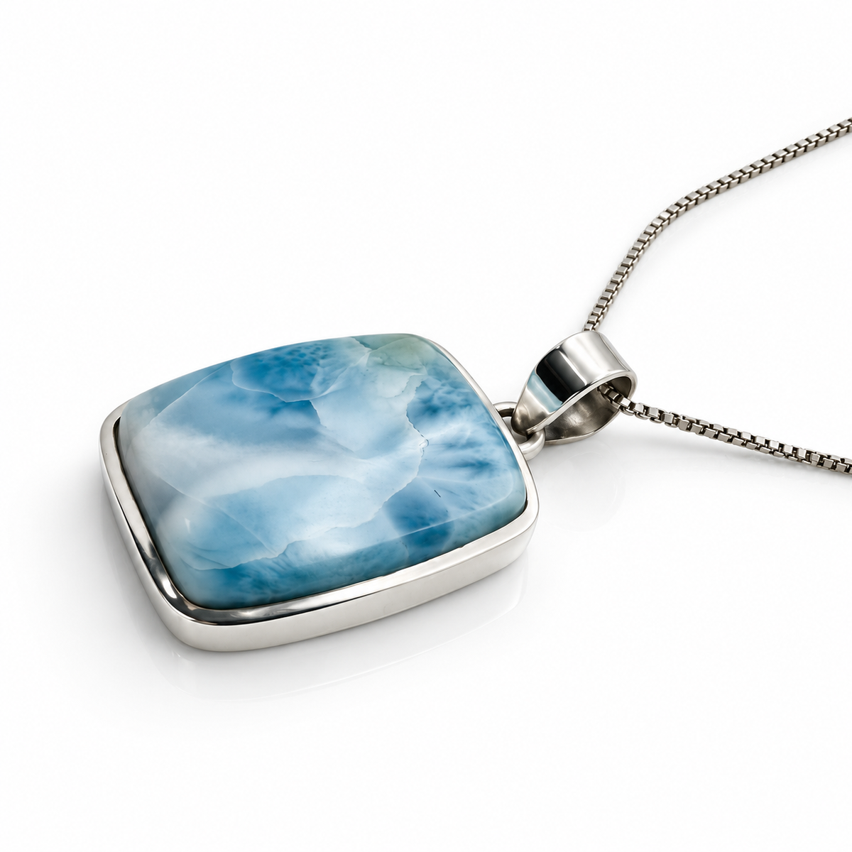 Rectangular Larimar necklace in sterling silver, alternate angled profile on glossy white