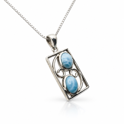 Two-stone rectangular Larimar necklace in sterling silver, angled upright view