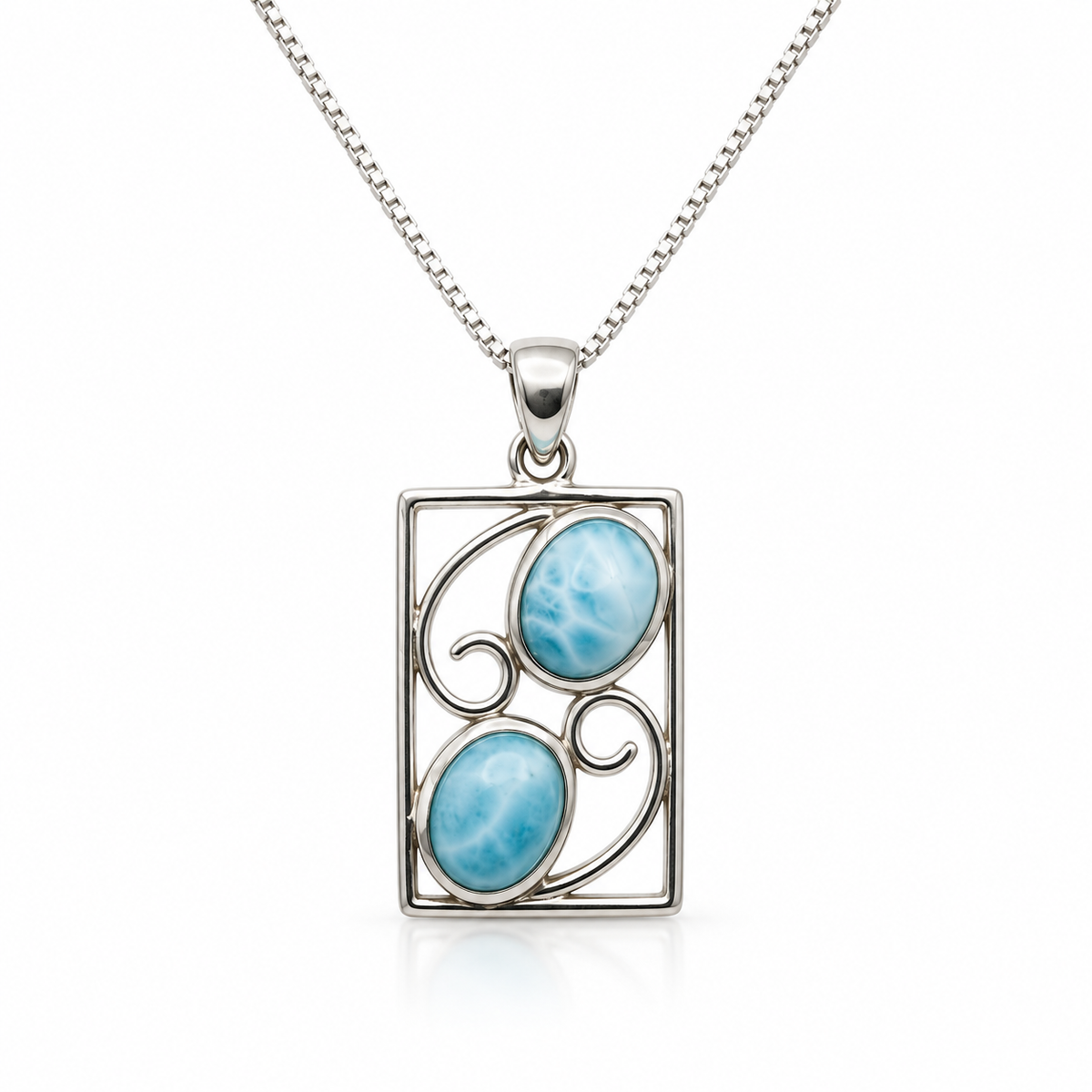 Two-stone rectangular Larimar necklace in sterling silver, front view