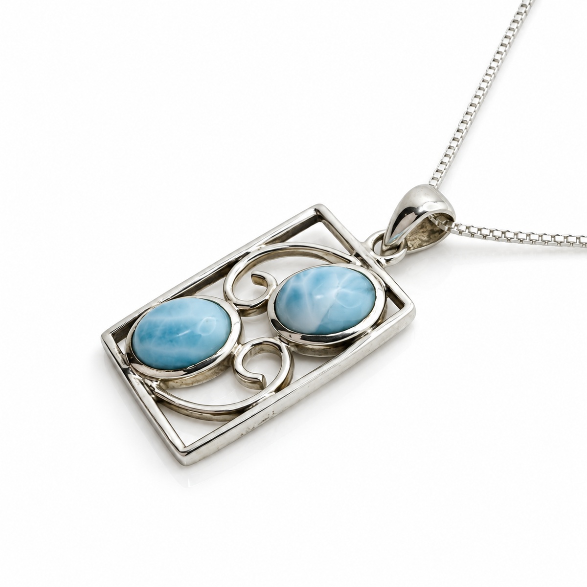 Two-stone rectangular Larimar necklace in sterling silver, side profile view