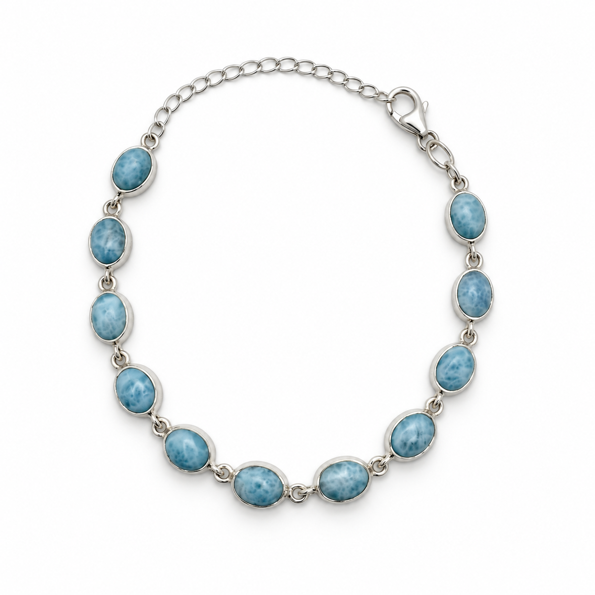 Eleven oval Larimar stones in a sterling silver link bracelet with extender and lobster clasp, loop view on white.