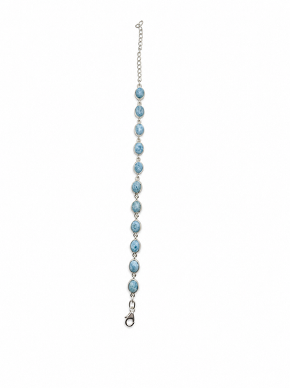 Eleven-stone oval Larimar sterling silver link bracelet, straight full-length view on white with extender and lobster clasp.