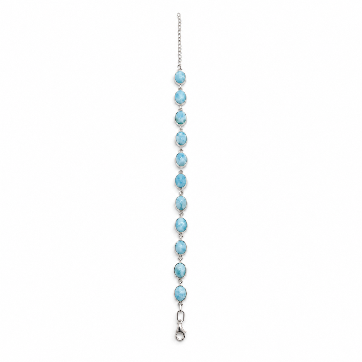 Larimar sterling silver link bracelet, full 9-inch length with extender, straight view on white.