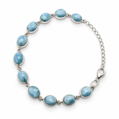 Eleven-stone Larimar sterling silver link bracelet with extender and lobster clasp, loop view on white.