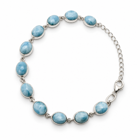 Eleven-stone Larimar sterling silver link bracelet with extender and lobster clasp, loop view on white.