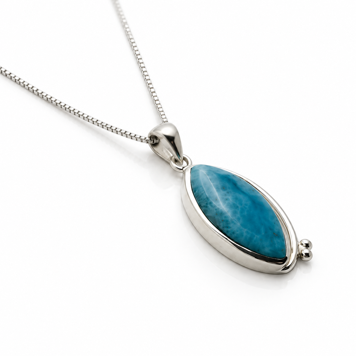 Marquise Larimar necklace with asymmetrical sterling silver sweep, angled view