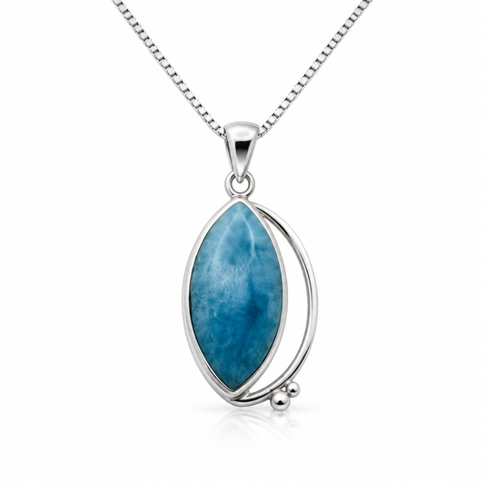 Marquise Larimar necklace with asymmetrical sterling silver sweep, front view