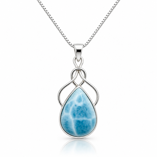 Larimar Ocean Embrace necklace front view on glossy white background