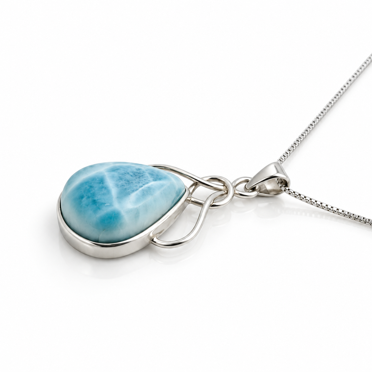 Larimar Ocean Embrace necklace side profile on glossy white background