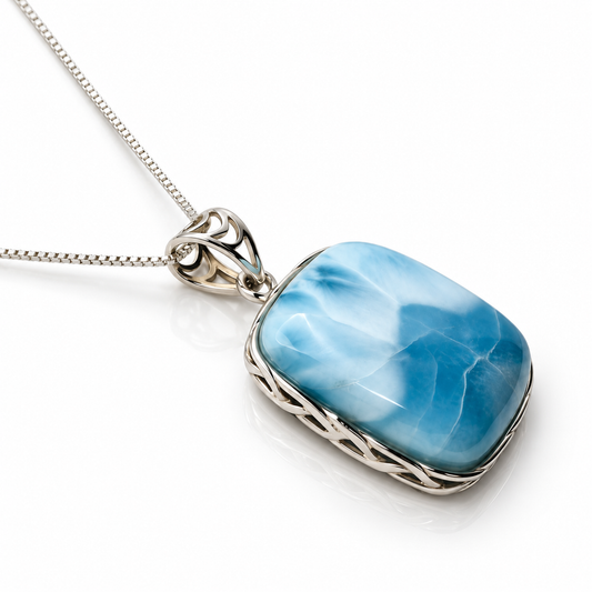 Larimar Ocean Summit necklace, angled view on glossy white