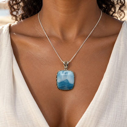 Larimar Ocean Summit necklace worn on model, scaled to 1 inch wide by 1.3 inches high