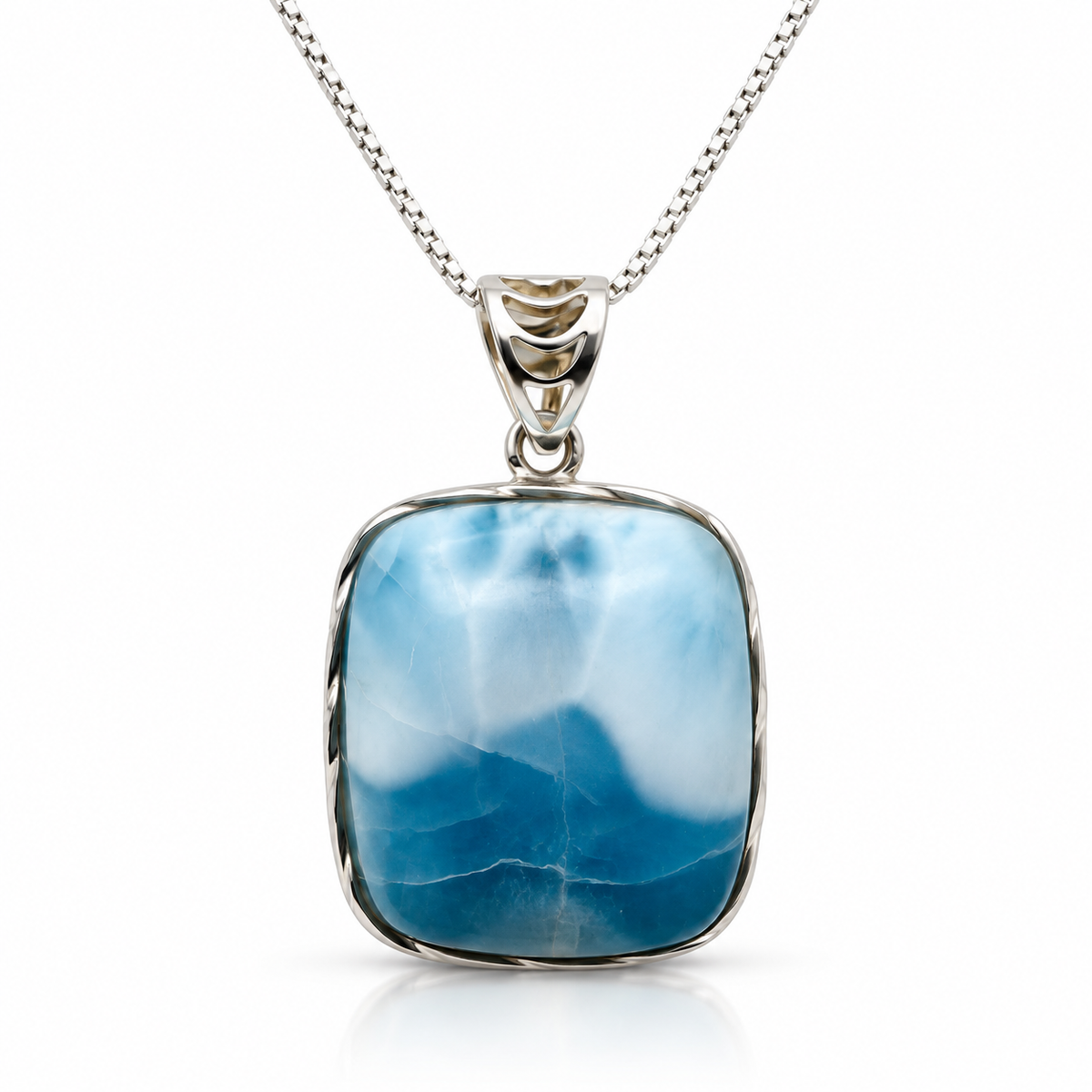 Larimar Ocean Summit necklace, front view on glossy white