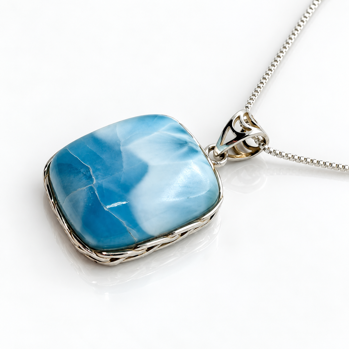 Larimar Ocean Summit necklace, side profile on glossy white