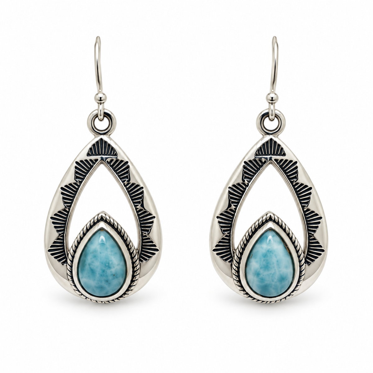 Larimar teardrop earrings with open engraved sterling silver frames and rope borders, front view.