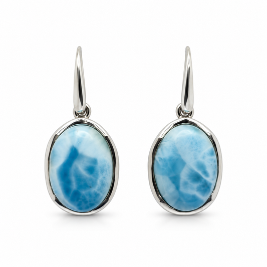Oval Larimar earrings with polished sterling silver settings, front view on white background.