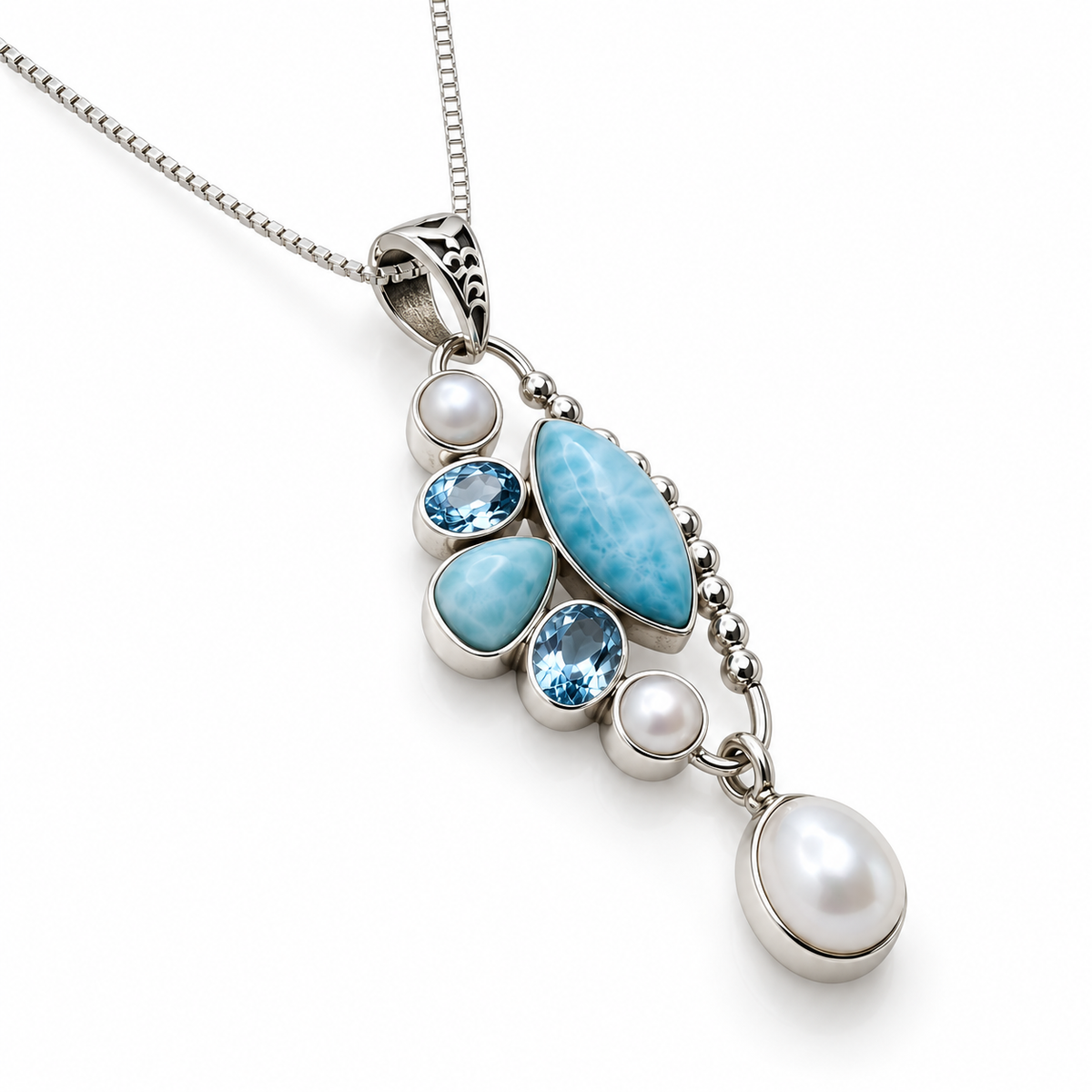 Larimar, blue gemstone and pearl sterling silver necklace, upright angle view