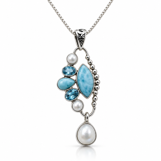 Larimar, blue gemstone and pearl sterling silver necklace, primary front view