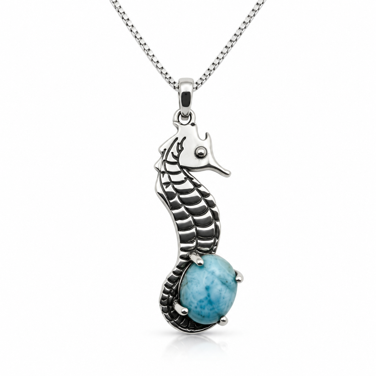 Larimar and oxidized sterling silver seahorse necklace, front view