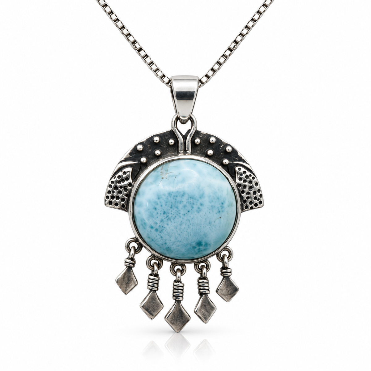 Round Larimar necklace with oxidized sterling silver details and five hanging silver drops, front view