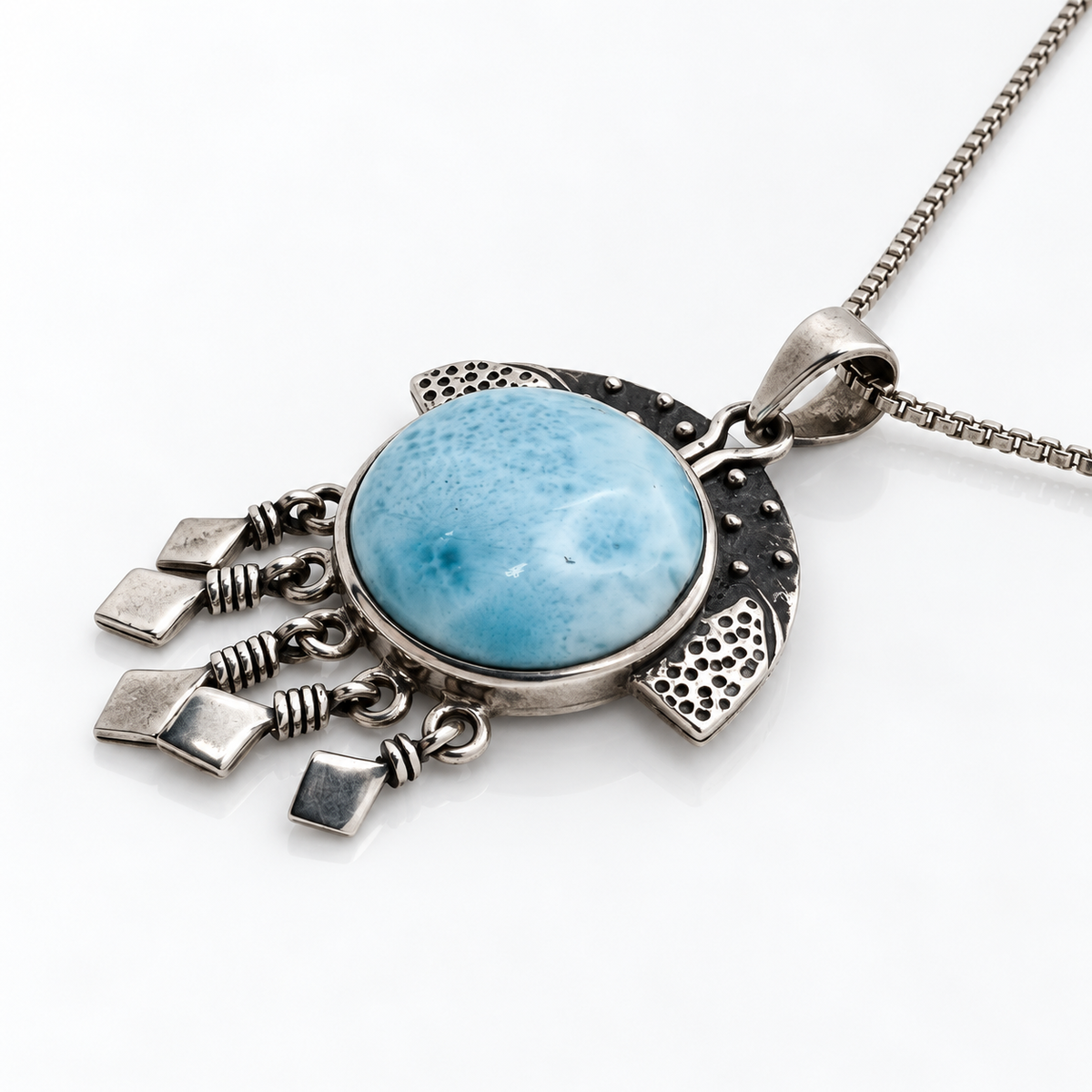 Round Larimar necklace with oxidized sterling silver details and five hanging drops, alternate profile