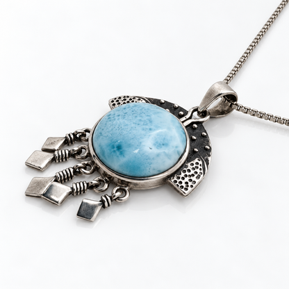 Round Larimar necklace with oxidized sterling silver details and five hanging drops, alternate profile