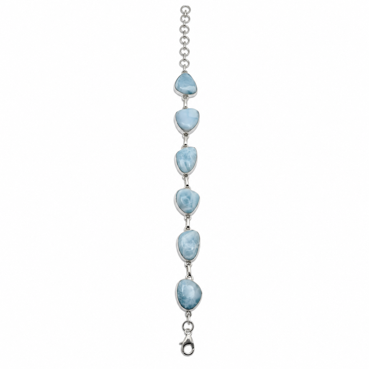 Six-stone Larimar sterling silver link bracelet, straight view with circular extender and lobster clasp on white.