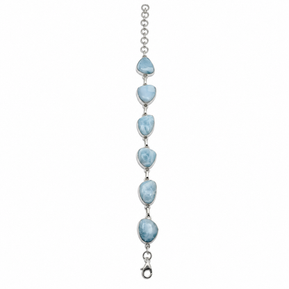 Six-stone Larimar sterling silver link bracelet, straight view with circular extender and lobster clasp on white.