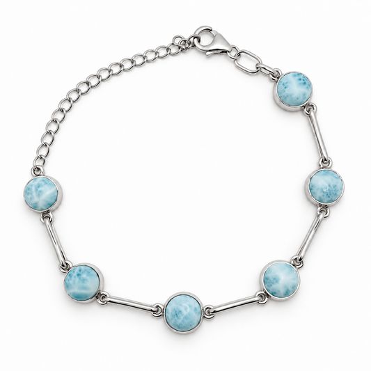 Six round Larimar stones in a sterling silver bar-link bracelet, loop view on white.