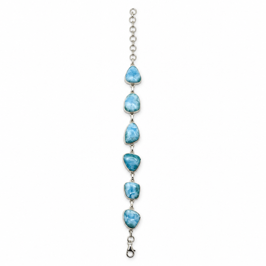 Six-stone Larimar sterling silver link bracelet, full 8.5-inch length view